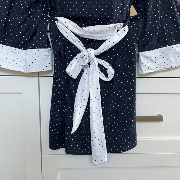 FN by Flora Nikrooz 2 pce Lounging Robe & Pants Polka Dot Print Navy White Sz L - Picture 7 of 15